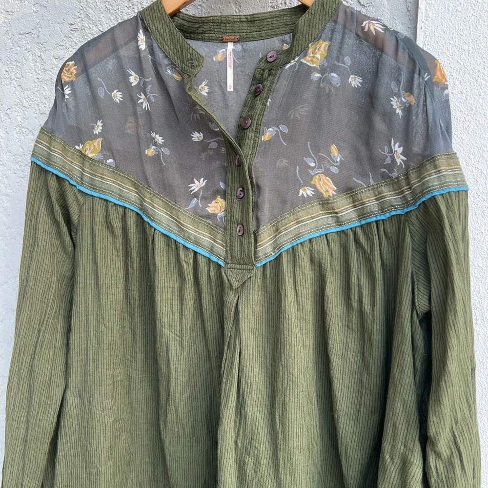 Free People Olive Green Floral Blouse